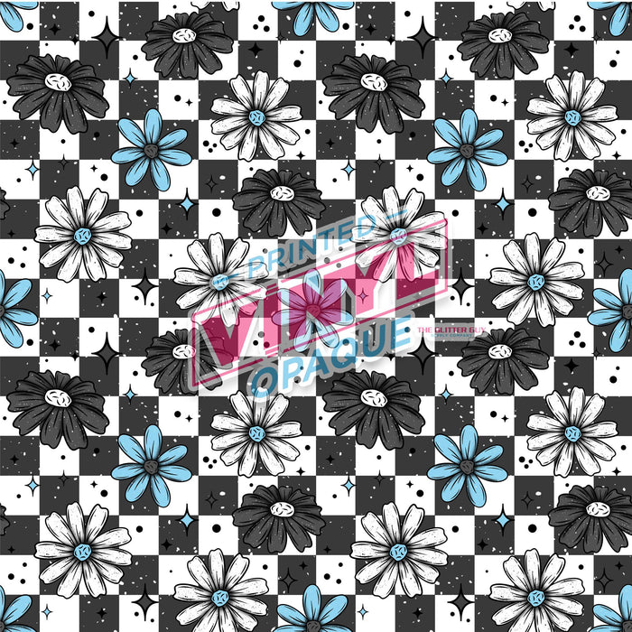 Printed Vinyl - Floral Checkered Blue | from The Glitter Guy